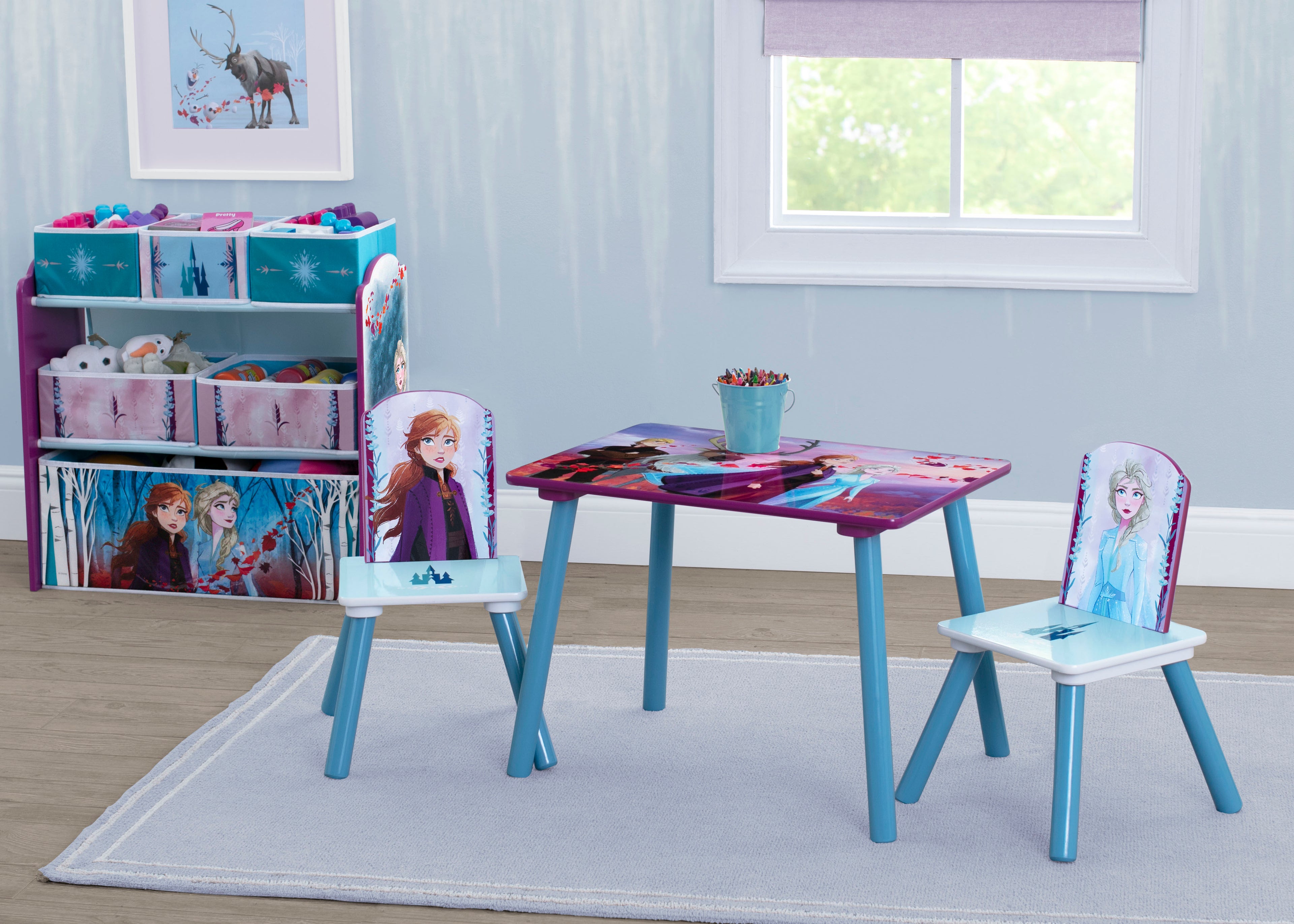 Disney Frozen II 4-Piece Playroom Solution  – Set Includes Table and 2 Chairs and 6-Bin Toy Organizer